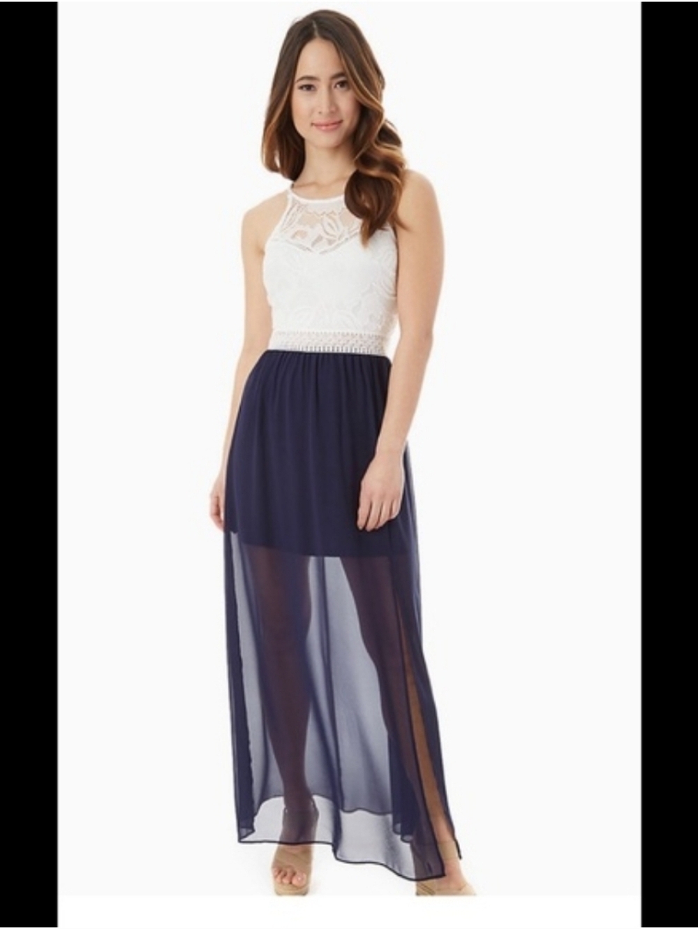 IZ Byer Cream Lace Top Bottom Navy Blue Long Dress High Neck Sleeveless Sz S
